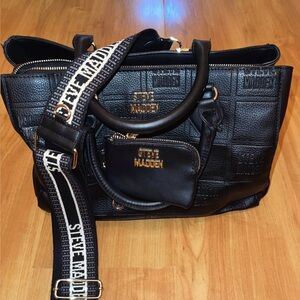 Steve Madden Black Embossed Tote with Logo Strap
